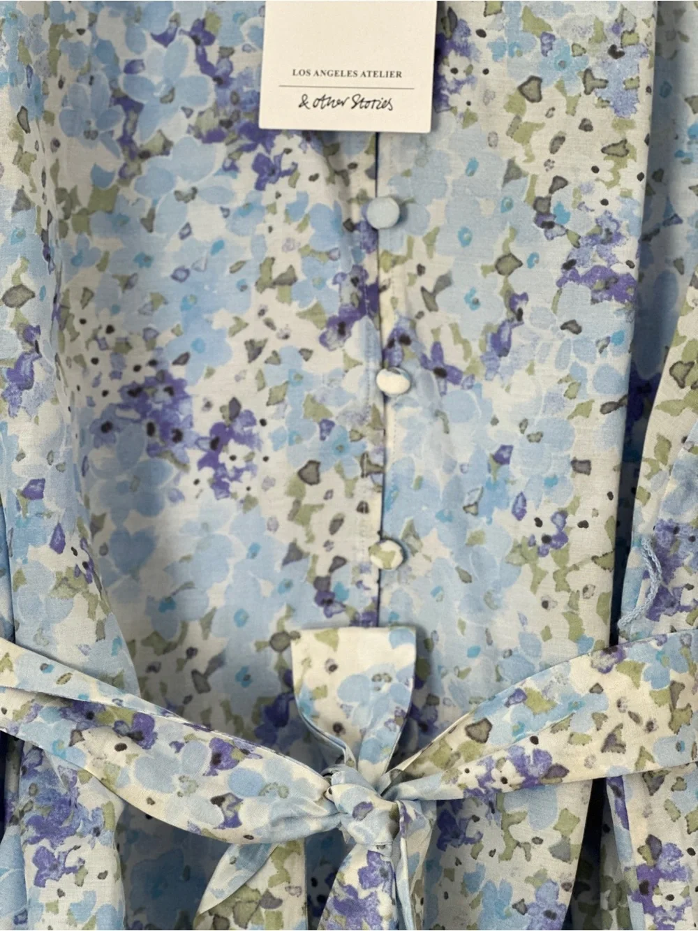 & Other Stories Silk Blue Floral Tie-Waist Mini Dress
